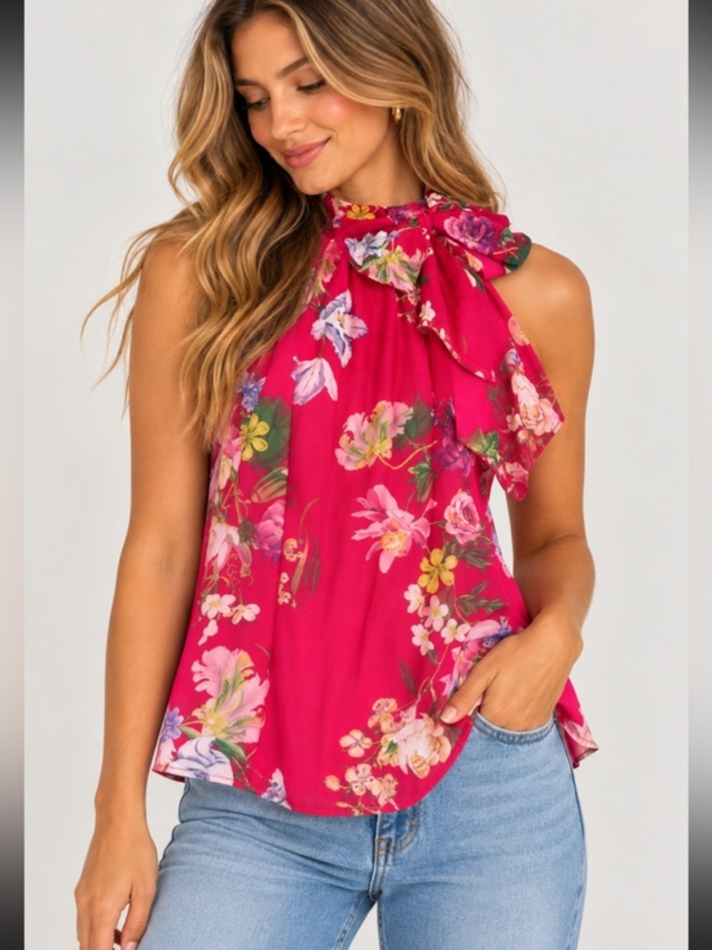 Sweet Pea by Stacy Frati Pink Floral High Neck Bow Blouse Size Small
